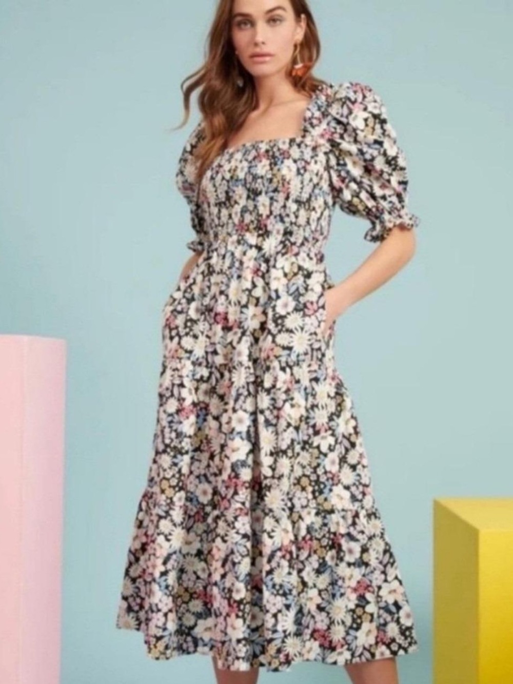 Rachel Parcell Navy Floral Smocked Midi Dress with Pink and White Accents